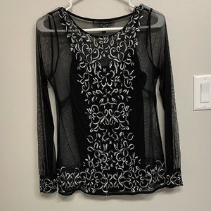 Black tight tank with looser mesh and patterned overlay